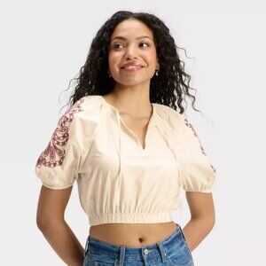 Universal Thread White Blouse with Red Embroidery and Puff Sleeves